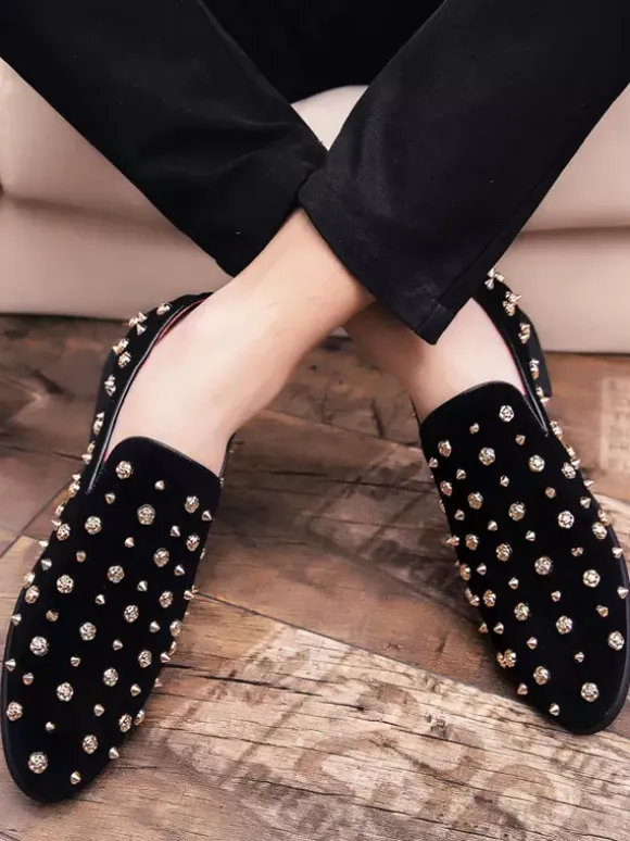 Mens Rivets Loafers Gold Spikes Dress Rivet Suede Leather Floral Easy Slip-On Formal Casual Wedding Party Prom Dancing Flat Penny Shoes