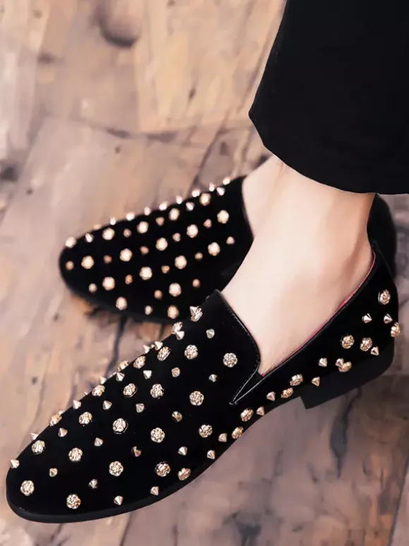 Mens Rivets Loafers Gold Spikes Dress Rivet Suede Leather Floral Easy Slip-On Formal Casual Wedding Party Prom Dancing Flat Penny Shoes