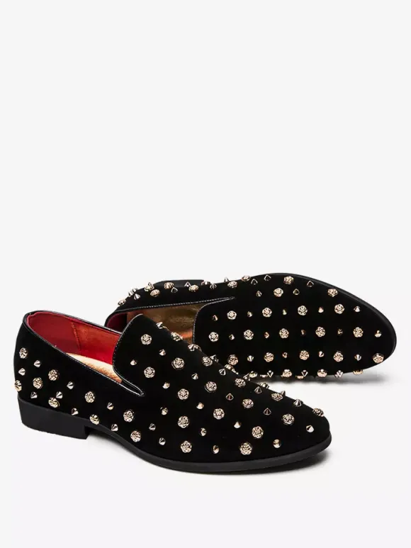 Mens Rivets Loafers Gold Spikes Dress Rivet Suede Leather Floral Easy Slip-On Formal Casual Wedding Party Prom Dancing Flat Penny Shoes