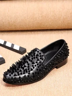 Men's Rivets Loafer Shoes Rivets Color Block Pointed Toe Cowhide Spikes Slip On Prom Wedding Shoes