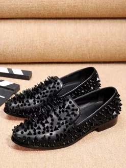 Men's Rivets Loafer Shoes Rivets Color Block Pointed Toe Cowhide Spikes Slip On Prom Wedding Shoes
