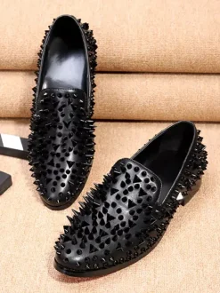 Men's Rivets Loafer Shoes Rivets Color Block Pointed Toe Cowhide Spikes Slip On Prom Wedding Shoes