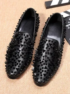 Men's Rivets Loafer Shoes Rivets Color Block Pointed Toe Cowhide Spikes Slip On Prom Wedding Shoes