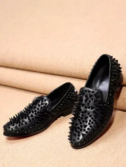 Men's Rivets Loafer Shoes Rivets Color Block Pointed Toe Cowhide Spikes Slip On Prom Wedding Shoes