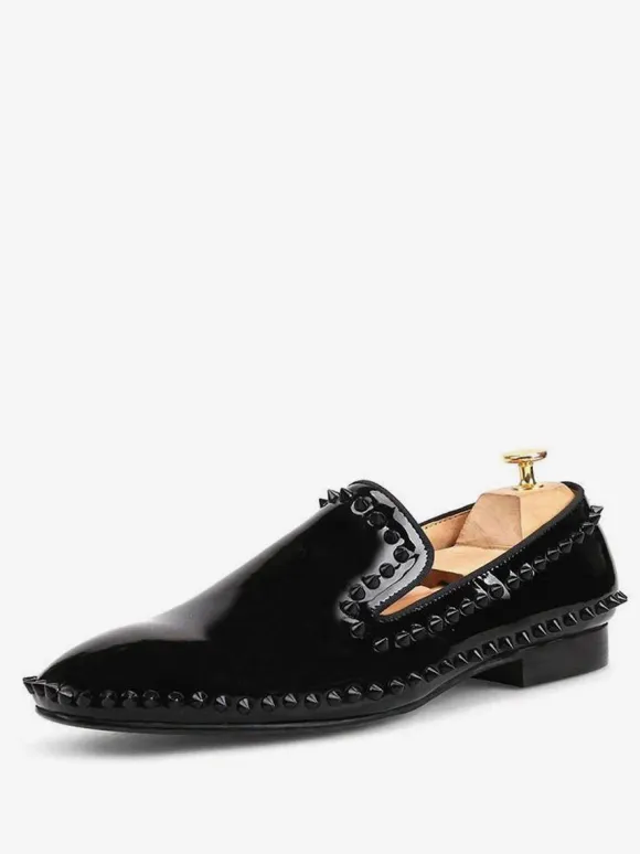 Mens Rivets Loafer Shoes Slip-On Artwork Round Toe Patent Leather Prom Party Wedding Shoes