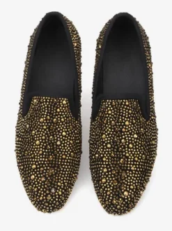 Mens Rivets Loafer Shoes Suede Gold Rhinestone Slip-On Slipper Prom Party Wedding Shoes