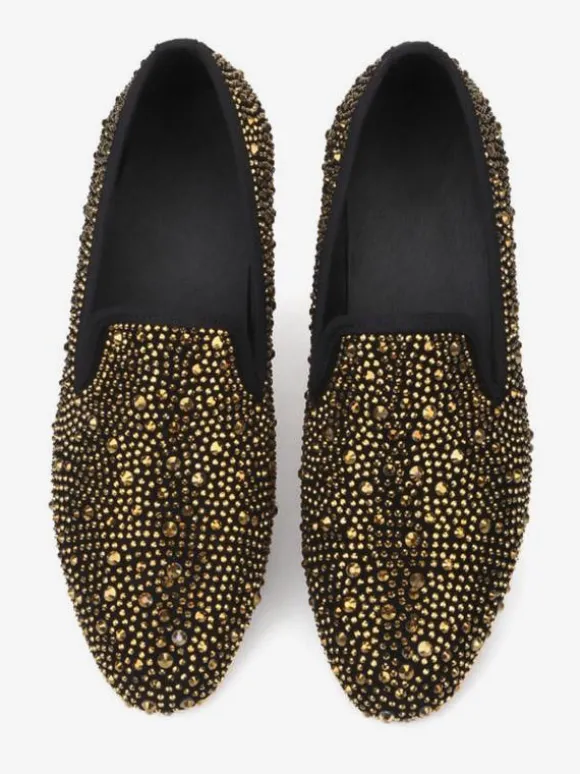 Mens Rivets Loafer Shoes Suede Gold Rhinestone Slip-On Slipper Prom Party Wedding Shoes
