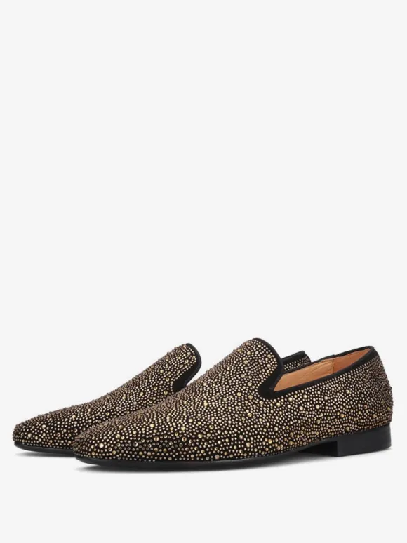 Mens Rivets Loafer Shoes Suede Gold Rhinestone Slip-On Slipper Prom Party Wedding Shoes