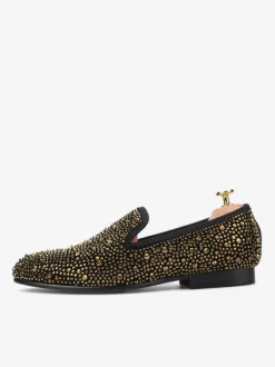 Mens Rivets Loafer Shoes Suede Gold Rhinestone Slip-On Slipper Prom Party Wedding Shoes