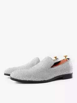 Men's Rivets Loafer Shoes Suede Cold White Crystal Rhinestones Sliiper Slip-On Prom Party Wedding Shoes