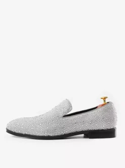 Men's Rivets Loafer Shoes Suede Cold White Crystal Rhinestones Sliiper Slip-On Prom Party Wedding Shoes