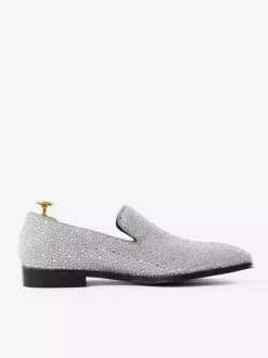 Men's Rivets Loafer Shoes Suede Cold White Crystal Rhinestones Sliiper Slip-On Prom Party Wedding Shoes