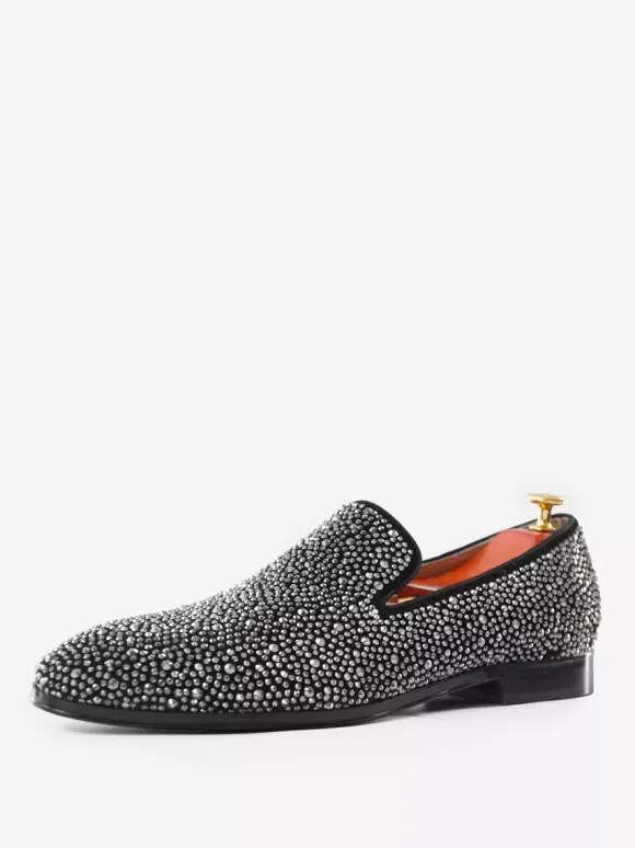 Mens Rivets Loafer Shoes Suede Silver Crystal Rhinestones Slip-On Prom Party Wedding Shoe