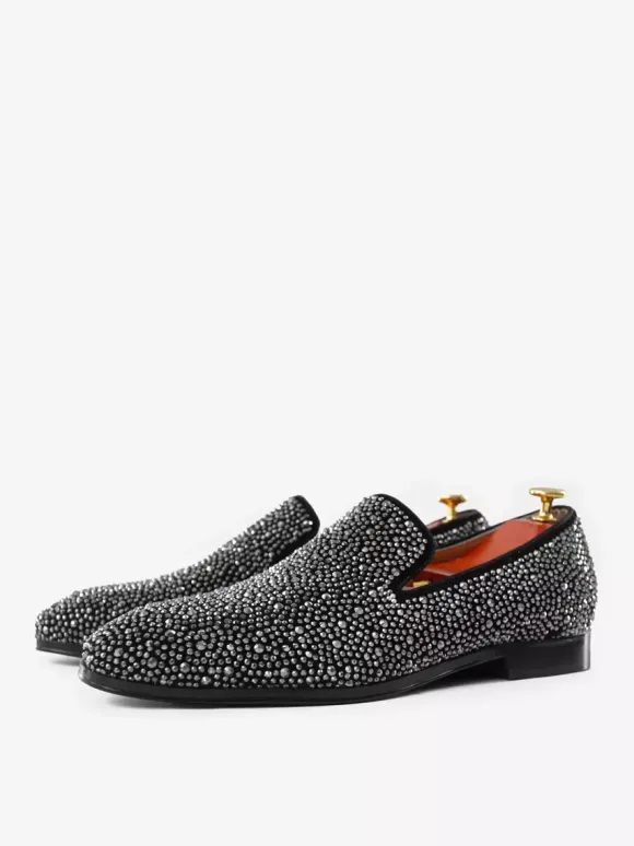 Mens Rivets Loafer Shoes Suede Silver Crystal Rhinestones Slip-On Prom Party Wedding Shoe