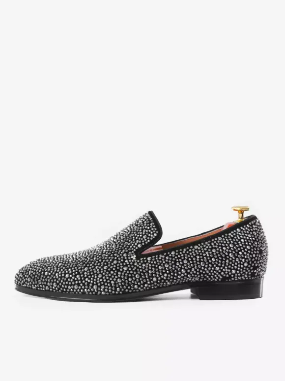 Mens Rivets Loafer Shoes Suede Silver Crystal Rhinestones Slip-On Prom Party Wedding Shoe