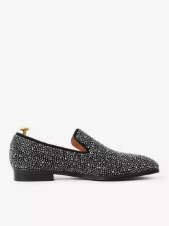 Mens Rivets Loafer Shoes Suede Silver Crystal Rhinestones Slip-On Prom Party Wedding Shoe