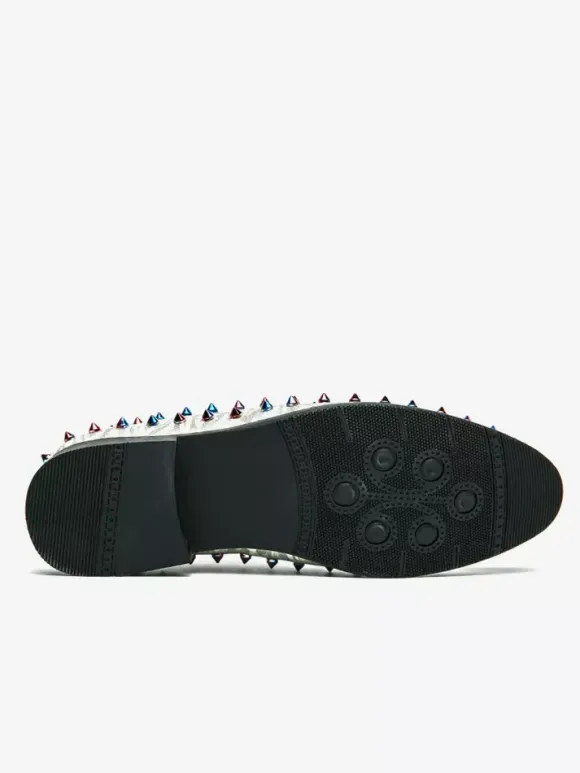 Mens Rivets Loafer Slip On Pointed Toe Vegan Leather Studs Decoration Anti-Slip Slip Resistant Block Heel Casual