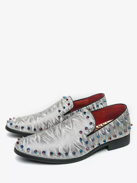 Mens Rivets Loafer Slip On Pointed Toe Vegan Leather Studs Decoration Anti-Slip Slip Resistant Block Heel Casual