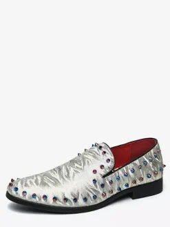 Mens Rivets Loafer Slip On Pointed Toe Vegan Leather Studs Decoration Anti-Slip Slip Resistant Block Heel Casual