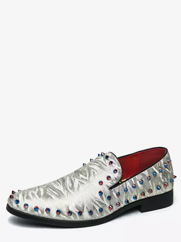 Mens Rivets Loafer Slip On Pointed Toe Vegan Leather Studs Decoration Anti-Slip Slip Resistant Block Heel Casual