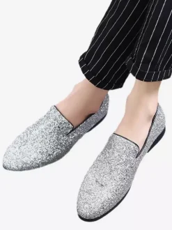 Mens Rivets Loafers Slip-On Pointed Toe Glitter Penny Shoes Tuxedo Suit Dress Prom Shoes