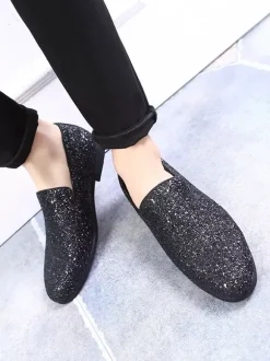 Mens Rivets Loafers Slip-On Pointed Toe Glitter Penny Shoes Tuxedo Suit Dress Prom Shoes