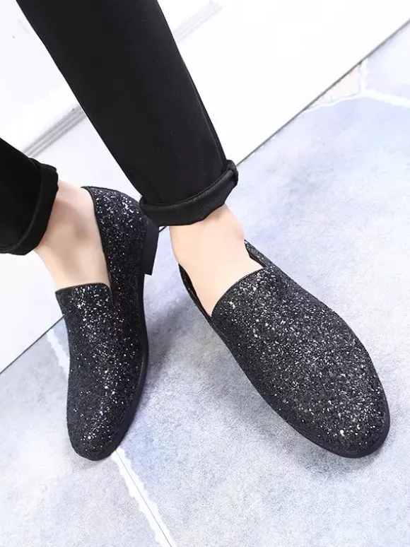Mens Rivets Loafers Slip-On Pointed Toe Glitter Penny Shoes Tuxedo Suit Dress Prom Shoes