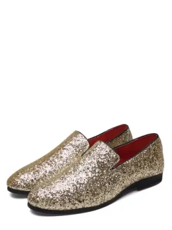Mens Rivets Loafers Slip-On Pointed Toe Glitter Penny Shoes Tuxedo Suit Dress Prom Shoes