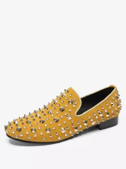 Mens Rivets Loafer Yellow Rivets Pointed Toe Leather Slip On Spikes Prom Wedding Shoes
