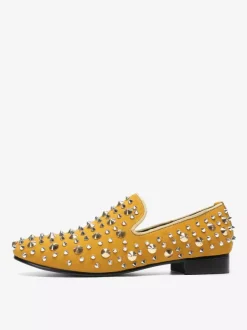 Mens Rivets Loafer Yellow Rivets Pointed Toe Leather Slip On Spikes Prom Wedding Shoes