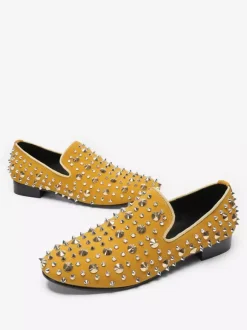 Mens Rivets Loafer Yellow Rivets Pointed Toe Leather Slip On Spikes Prom Wedding Shoes