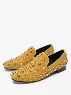 Mens Rivets Loafer Yellow Rivets Pointed Toe Leather Slip On Spikes Prom Wedding Shoes