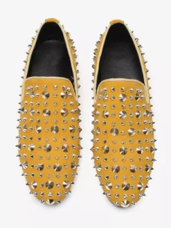 Mens Rivets Loafer Yellow Rivets Pointed Toe Leather Slip On Spikes Prom Wedding Shoes