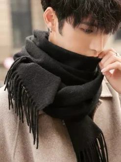 Men’s Scarf Winter Pure Wool Neck Warmer With Tassels