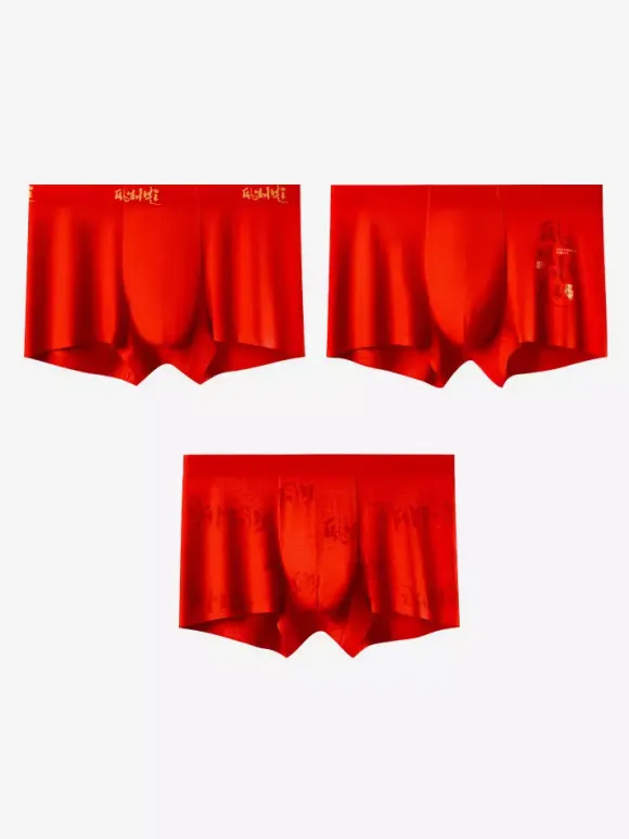 Men’s Seamless Red Boxer Briefs Printed Mid-Rise 3 Pack Trunks