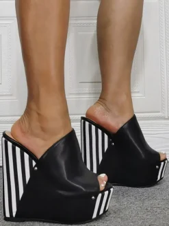 Mens Sexy High Heel Sandals Black PU Leather Wedge Heel Sexy Shoes Plus Size Shoes