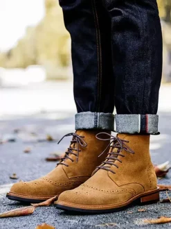 Men's Shoes Work Boots Oxford Boots Cowhide Chic Khaki Lace Up Ankle Boots