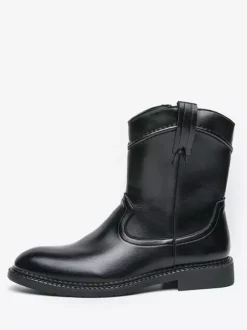 Mens Short Boots Pointed-Toe Leather Zip-Up Boots With Low Heel