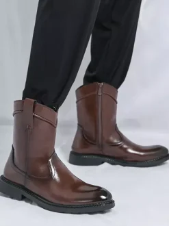 Mens Short Boots Pointed-Toe Leather Zip-Up Boots With Low Heel