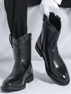 Mens Short Boots Pointed-Toe Leather Zip-Up Boots With Low Heel
