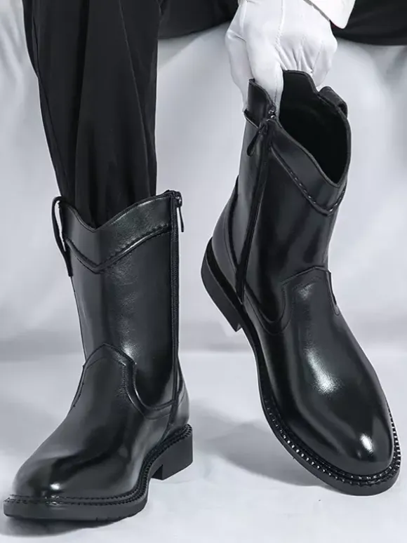 Mens Short Boots Pointed-Toe Leather Zip-Up Boots With Low Heel