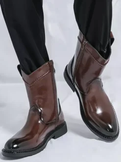 Mens Short Boots Pointed-Toe Leather Zip-Up Boots With Low Heel