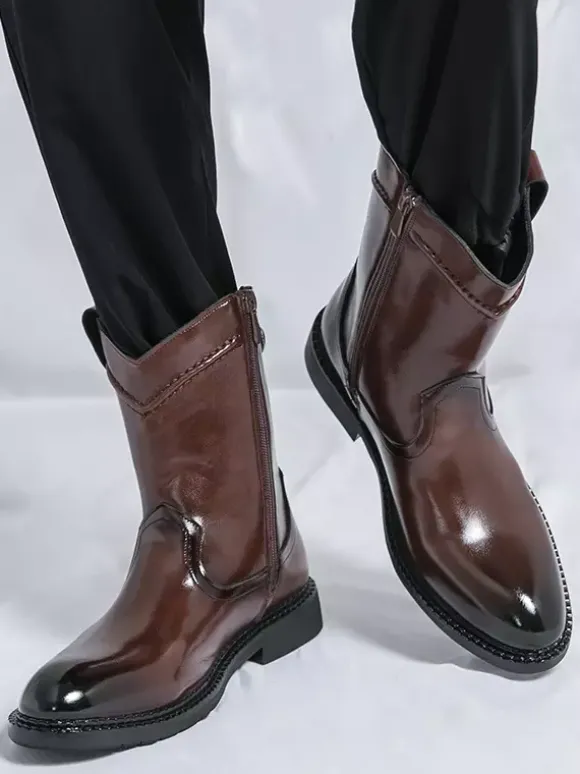 Mens Short Boots Pointed-Toe Leather Zip-Up Boots With Low Heel