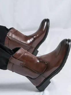 Mens Short Boots Pointed-Toe Leather Zip-Up Boots With Low Heel