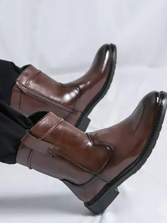 Mens Short Boots Pointed-Toe Leather Zip-Up Boots With Low Heel