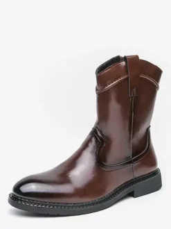 Mens Short Boots Pointed-Toe Leather Zip-Up Boots With Low Heel