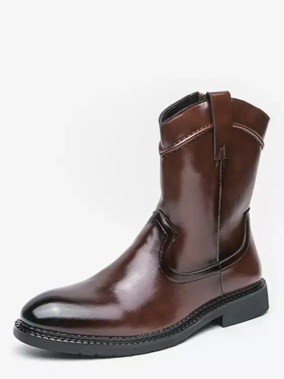 Mens Short Boots Pointed-Toe Leather Zip-Up Boots With Low Heel