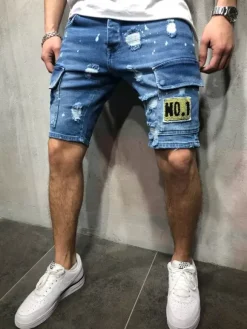 Men's Shorts Distressed Spring Street Wear Light Sky Blue Beach Bottoms