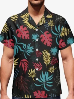 Men's Short-sleeved Casual Shirt Black Tropical Printed Hawaii Top