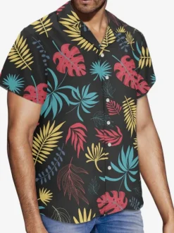 Men's Short-sleeved Casual Shirt Black Tropical Printed Hawaii Top